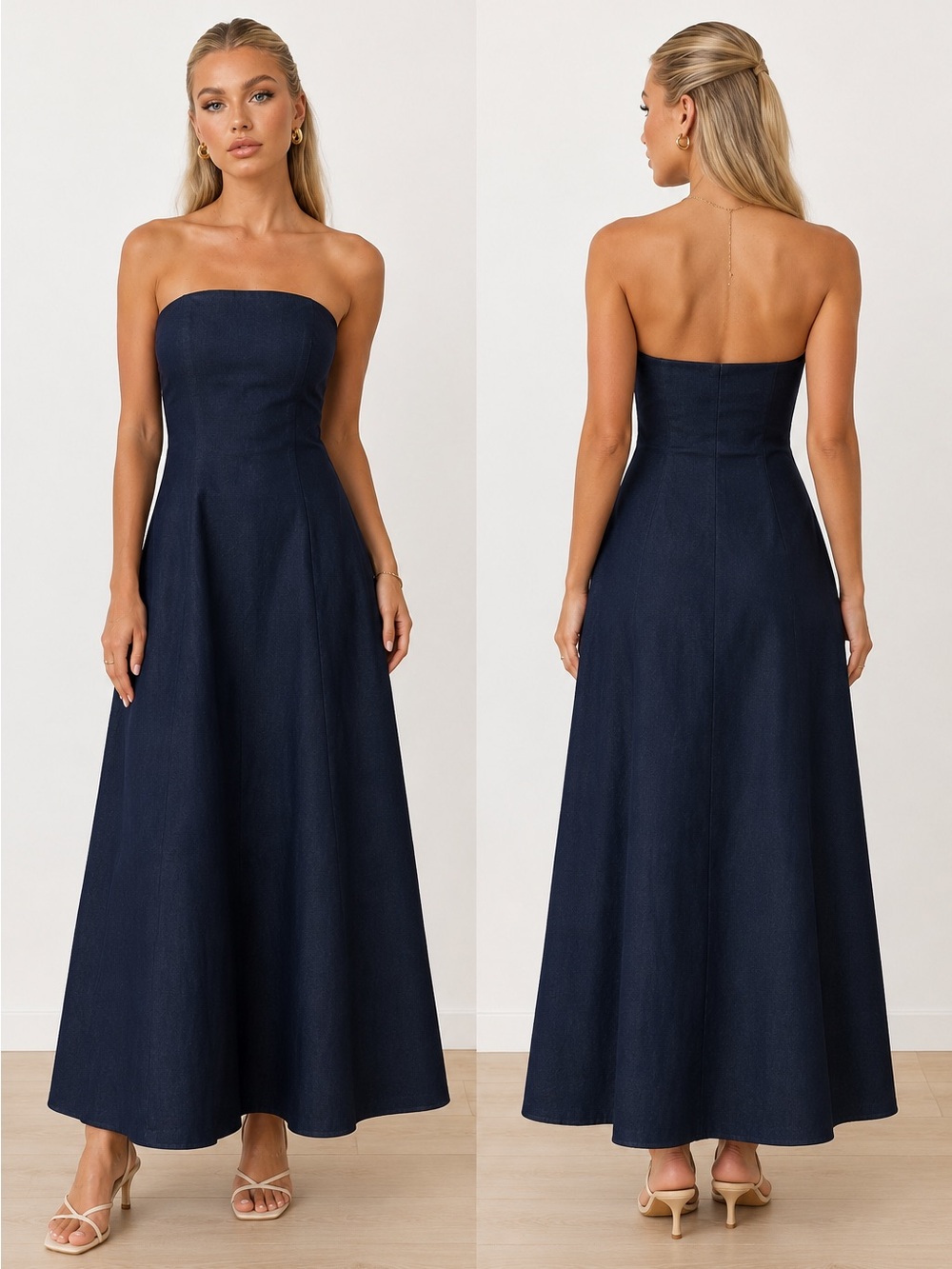 Linen Blend Strapless Maxi Dress with Pockets navy blue - Picture 2 of 2